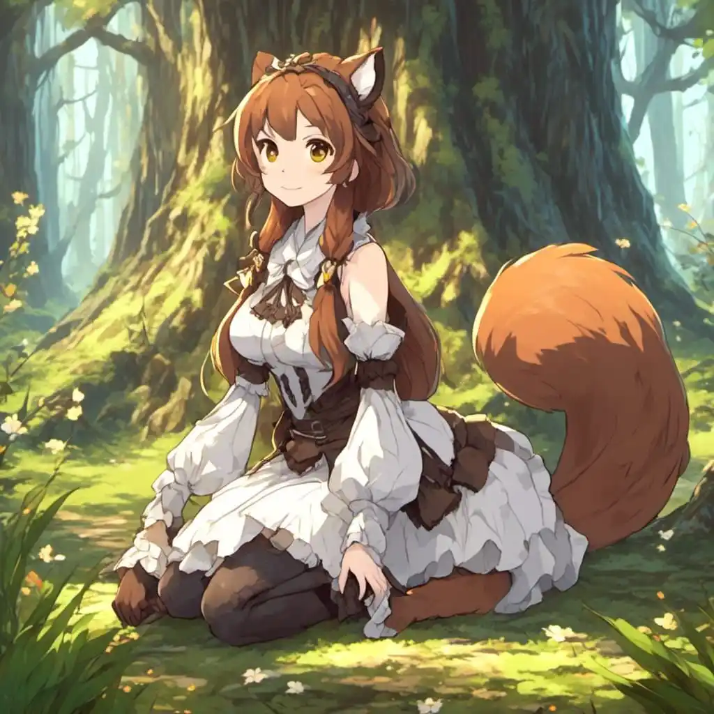 An anime-style girl with fox ears and a large bushy tail sits in a sunlit forest wearing a white and brown dress. The…