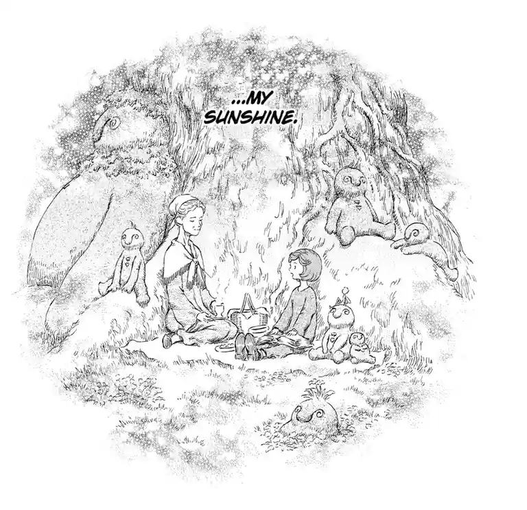 A black-and-white sketch shows a woman and child having a picnic under a tree, surrounded by several small, cute, furry…