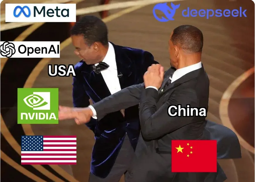 Two men in suits are shown in a physical altercation, one labeled 'USA' with logos for Meta, OpenAI, and NVIDIA, and the…