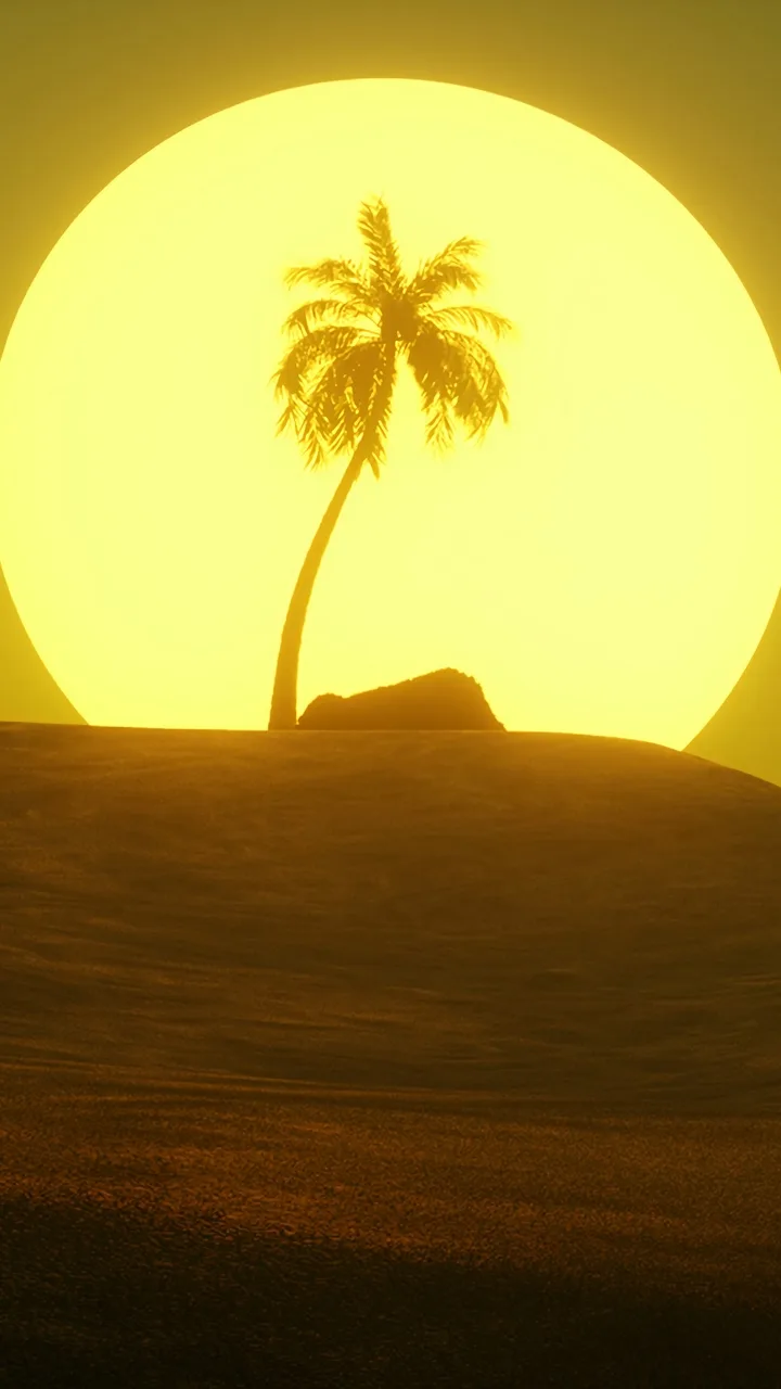 A serene tropical scene shows a single palm tree silhouetted against a massive, glowing yellow sun setting over a sandy…