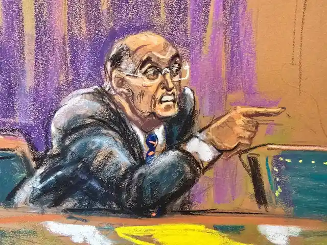 a courtroom sketch depicts an older man with glasses, wearing a suit and tie, leaning forward and pointing angrily with his…
