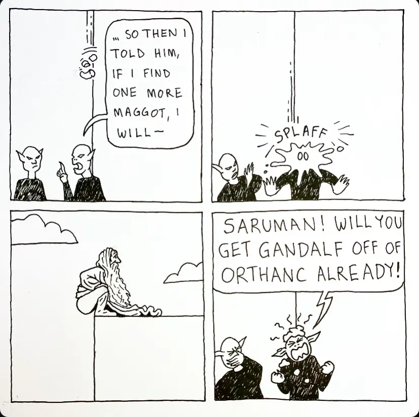 A four-panel comic strip shows two elves talking, one getting splattered by a maggot, then a shot of Gandalf sitting atop…