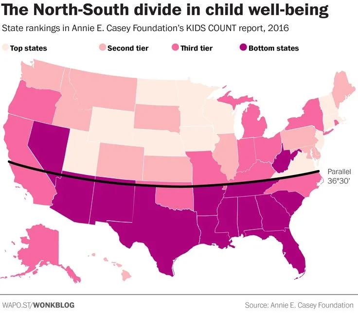 A map of the United States color-coded by child well-being rankings from the 2016 Annie E. Casey Foundation's KIDS COUNT…