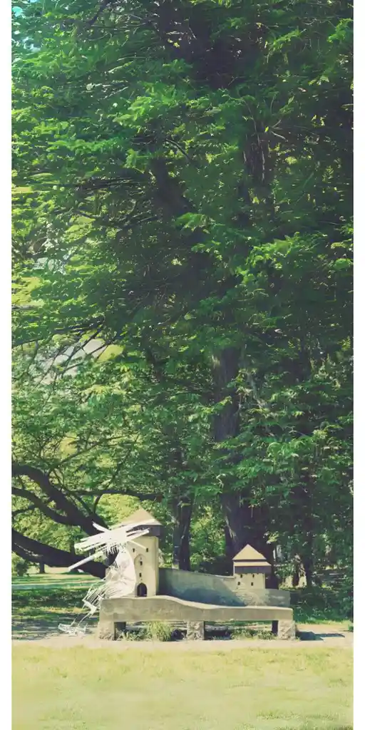 A serene park scene features a miniature castle and windmill model under a large, leafy tree. The overlaid text reads 'i'm…