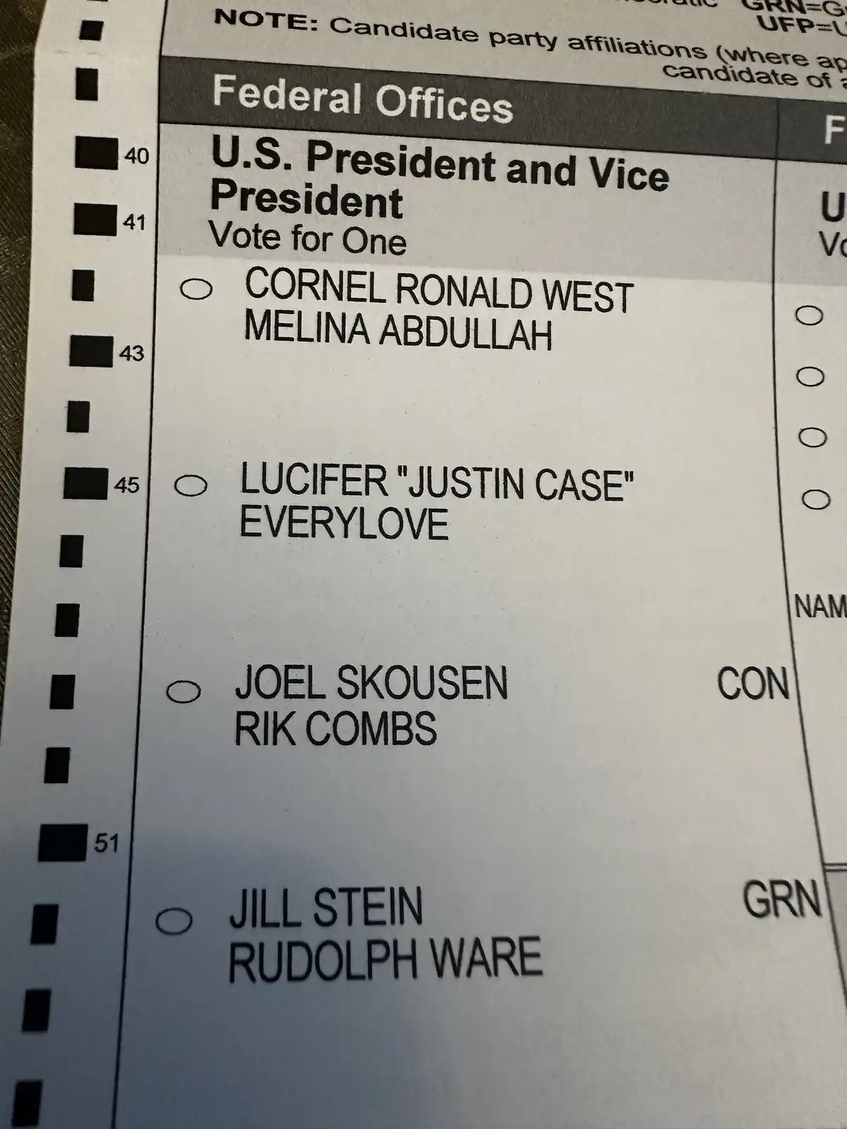 A close-up of a U.S. federal election ballot showing the 'U.S. President and Vice President' section with four candidate…