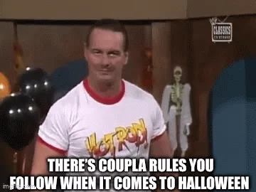 A six-panel meme grid featuring a man in a white 'Hot Rod' t-shirt pointing at the camera in a studio setting with Halloween…