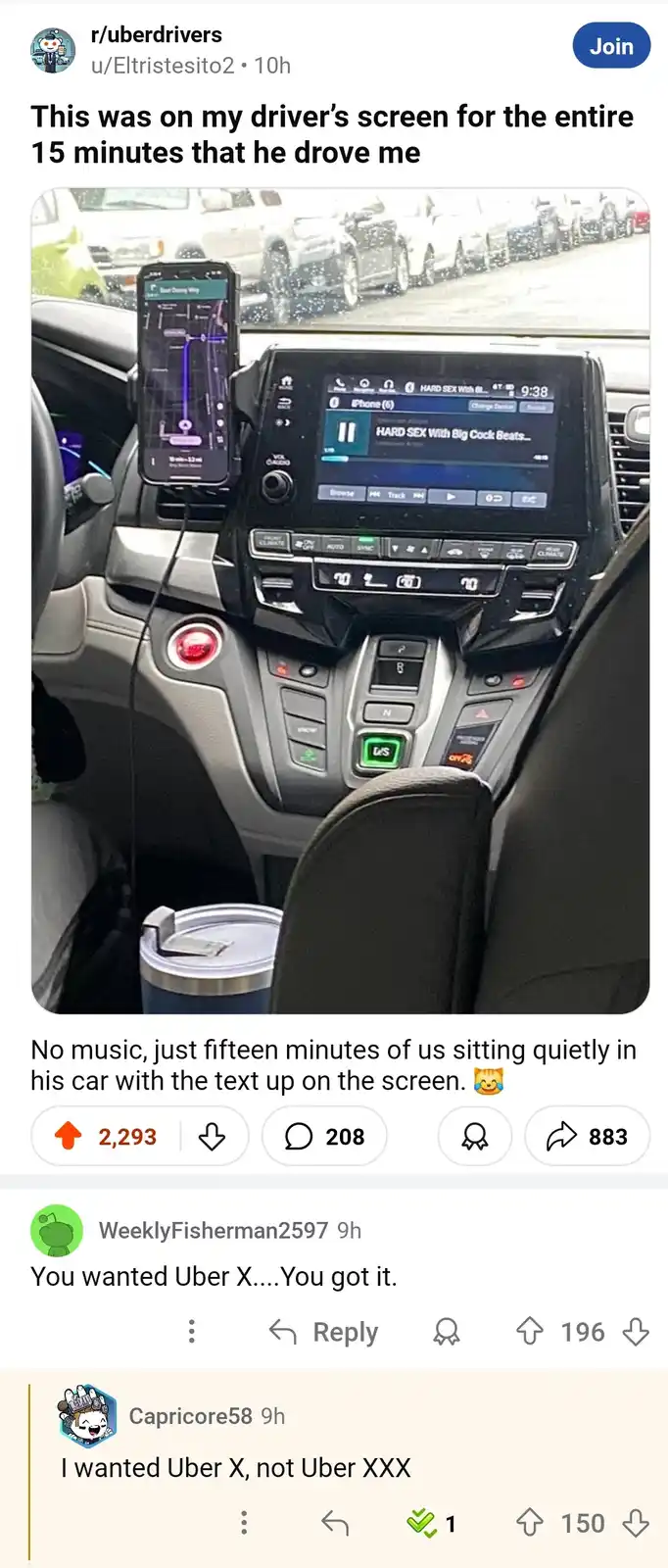 The image shows the interior of a car, focusing on the dashboard and center console. A smartphone mounted on the left…