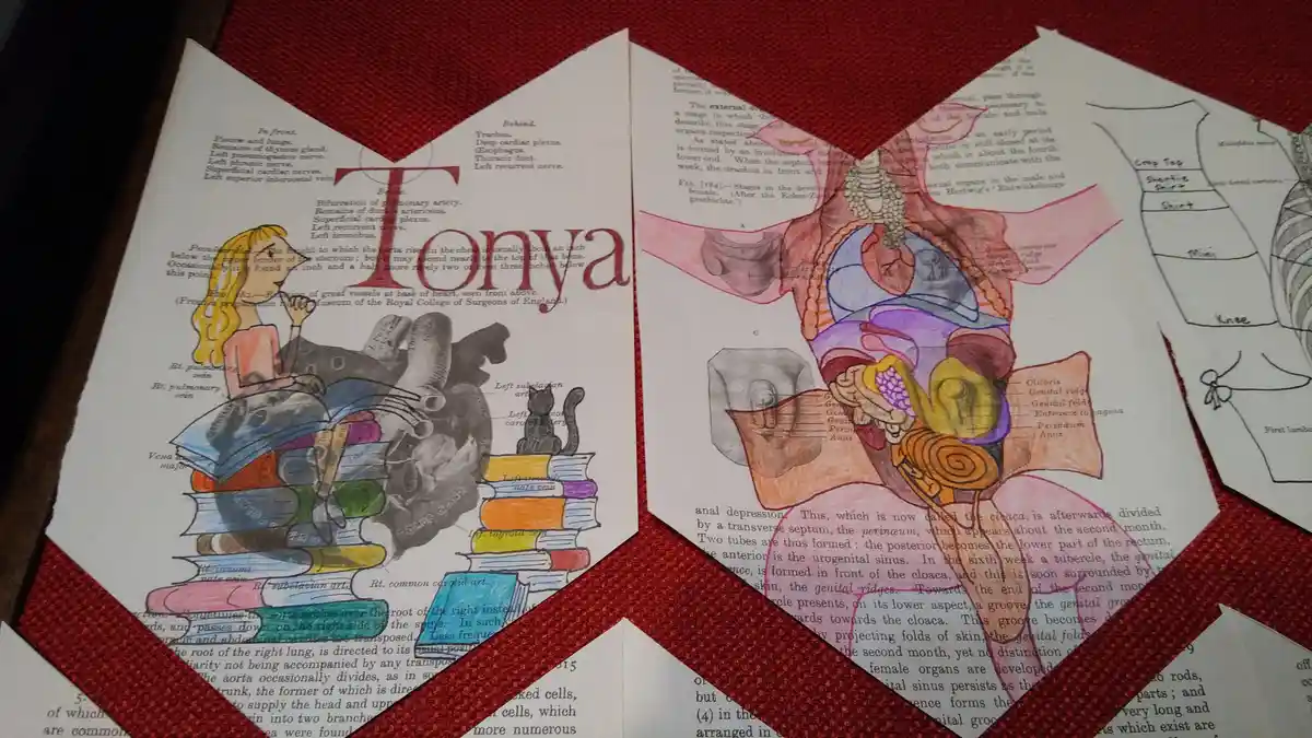 A collage of anatomical diagrams from old textbooks, with one page showing a cartoon girl labeled 'Tonya' sitting atop a…