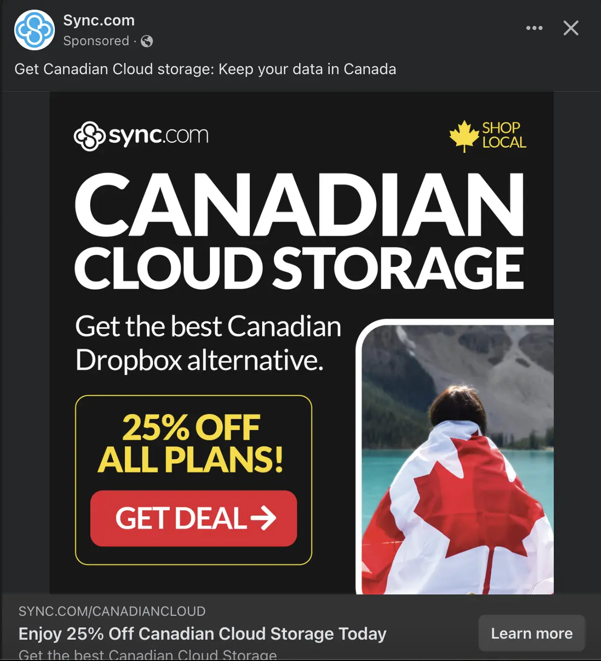 A sponsored social media ad for Sync.com promotes 'Canadian Cloud Storage' with a 25% discount, featuring a person from…