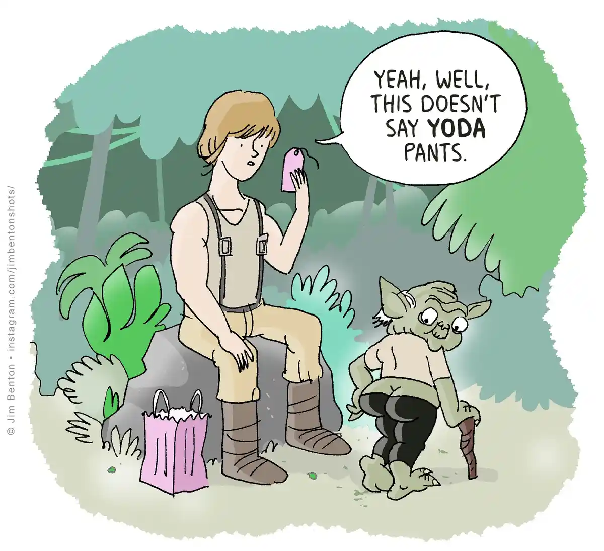 A cartoon depicts Luke Skywalker sitting on a rock in a jungle, holding up a pink shopping tag while looking at Yoda, who is…