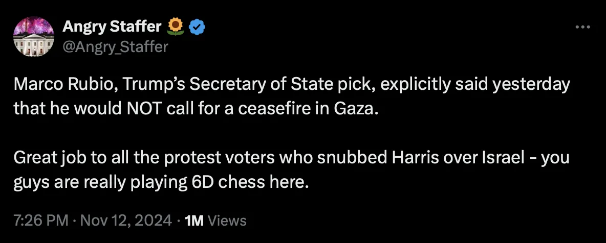 A screenshot of a tweet from 'Angry Staffer' with a black background and white text. The tweet states that Marco Rubio…