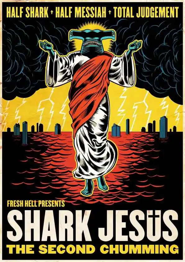 A stylized, dramatic poster depicts a hybrid figure with a shark head and a human body draped in a red robe, standing atop…