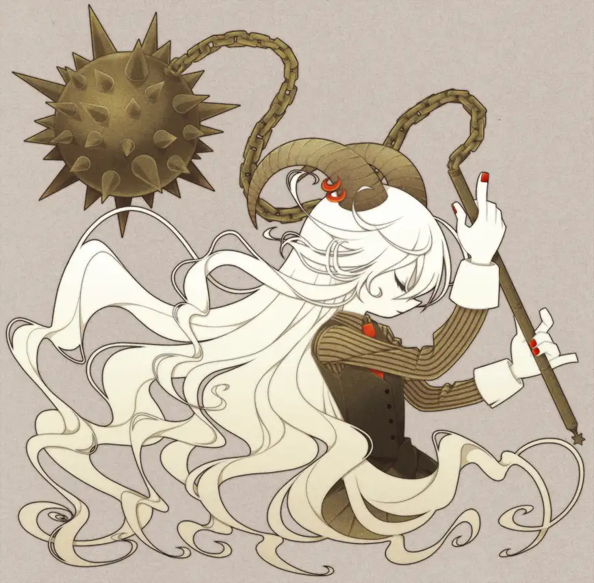An anime-style illustration of a character with long white hair, ram horns, and red nail polish, holding a spiked chain…
