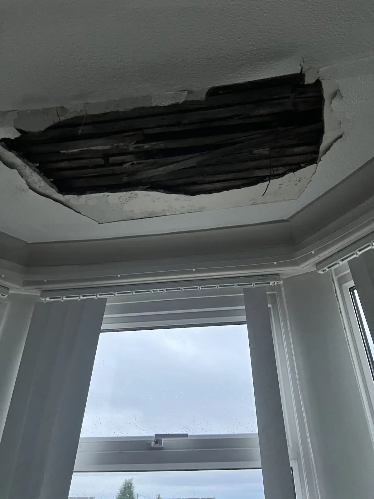 A large, jagged hole in a white textured ceiling reveals dark, charred wooden beams underneath. Below, a large window with…