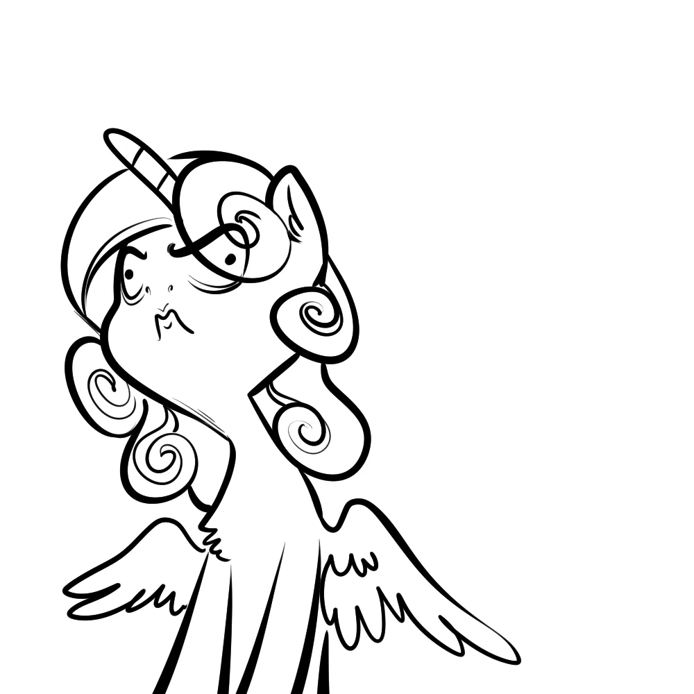 A black-and-white line drawing of a stylized cartoon pony with a horn, wings, and curly hair, looking disdainfully upward…