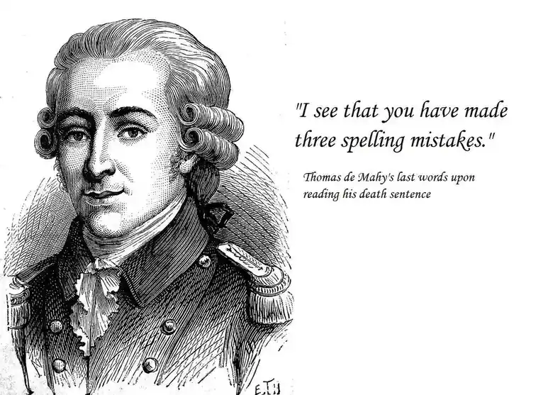 A black-and-white engraved portrait of a man in 18th-century military attire with powdered wig, next to text claiming his…