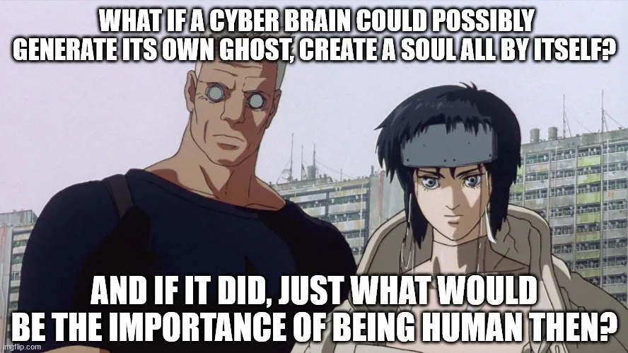 The image features two anime characters from the movie Ghost in the Shell: a bald man with cybernetic eyes and a woman with…