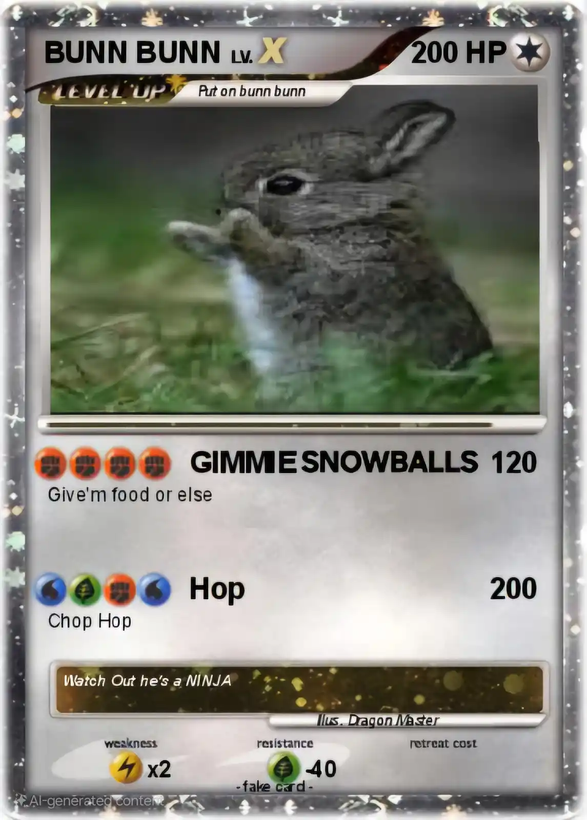This image is a parody Pokémon card featuring a realistic photo of a small grey rabbit as the creature. The card is titled…