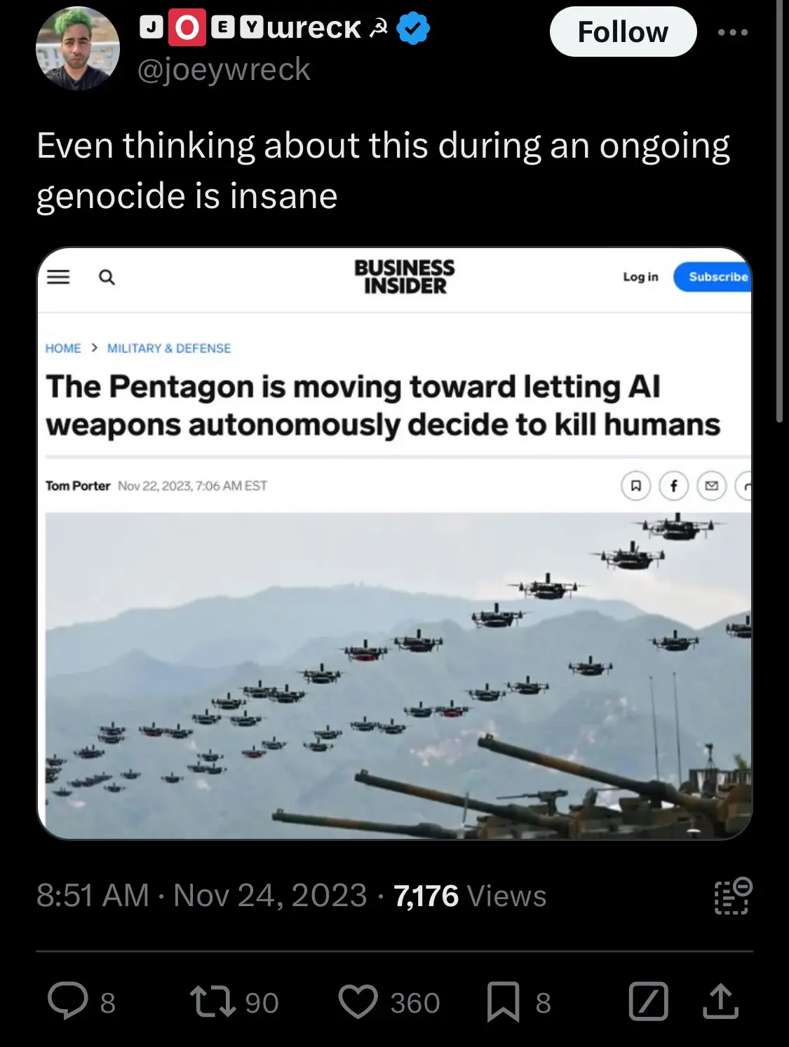 A screenshot of a Business Insider article titled 'The Pentagon is moving toward letting AI weapons autonomously decide to…