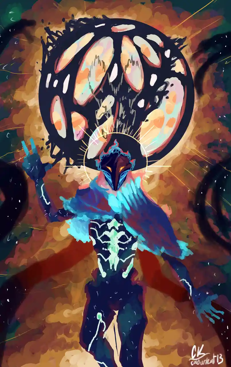 A stylized, dark fantasy illustration depicts a demonic figure with glowing orange eyes, blue skin, and a glowing white…