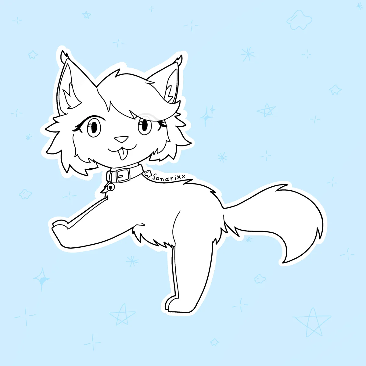 A black-and-white line art illustration of a cute, anthropomorphic fox-like creature with a fluffy tail and pointed ears…