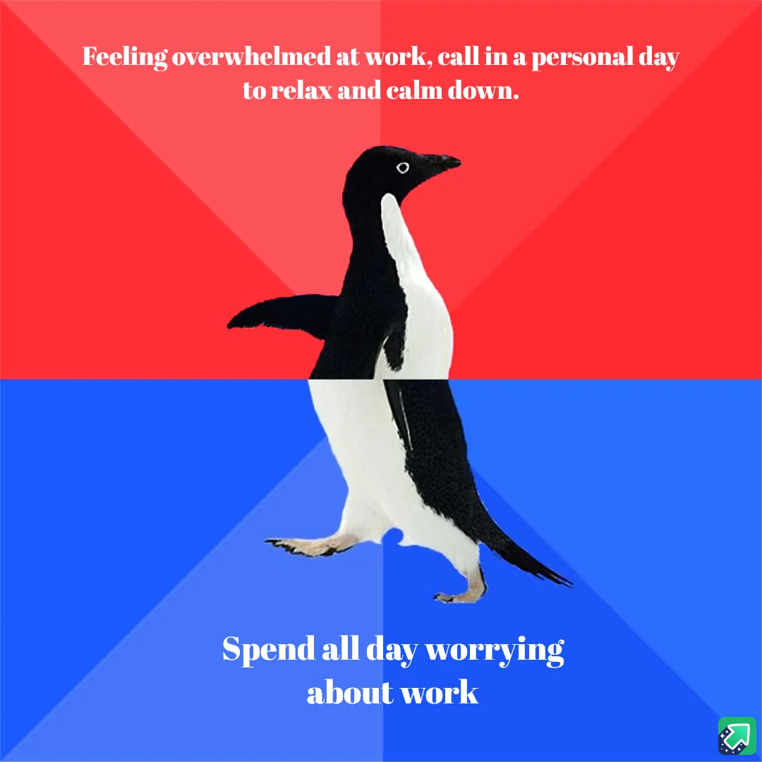 A penguin stands centered against a split background of red and blue, with white text overlaid. The top red section reads…
