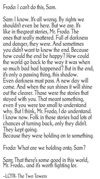 The image displays a full text excerpt from 'The Two Towers' of 'The Lord of the Rings,' featuring a dialogue between Frodo…