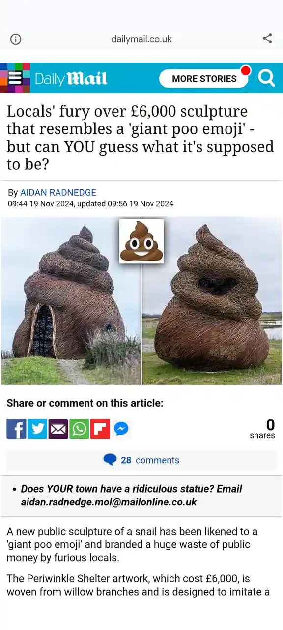 A screenshot of a Daily Mail article shows a large, brown, willow-woven sculpture shaped like a snail shell, with a poop…