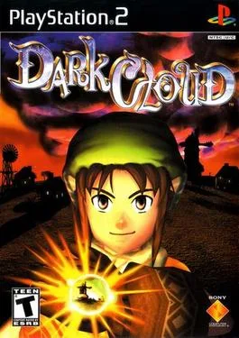 The image shows the cover art for the PlayStation 2 game 'Dark Cloud,' featuring a young male character with brown hair and…
