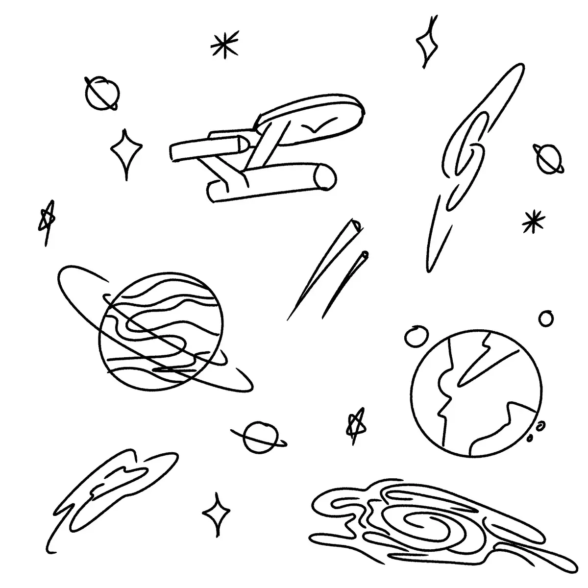 A hand-drawn black-and-white sketch depicts a chaotic space scene with scribbled planets, stars, comets, and a messy spiral…