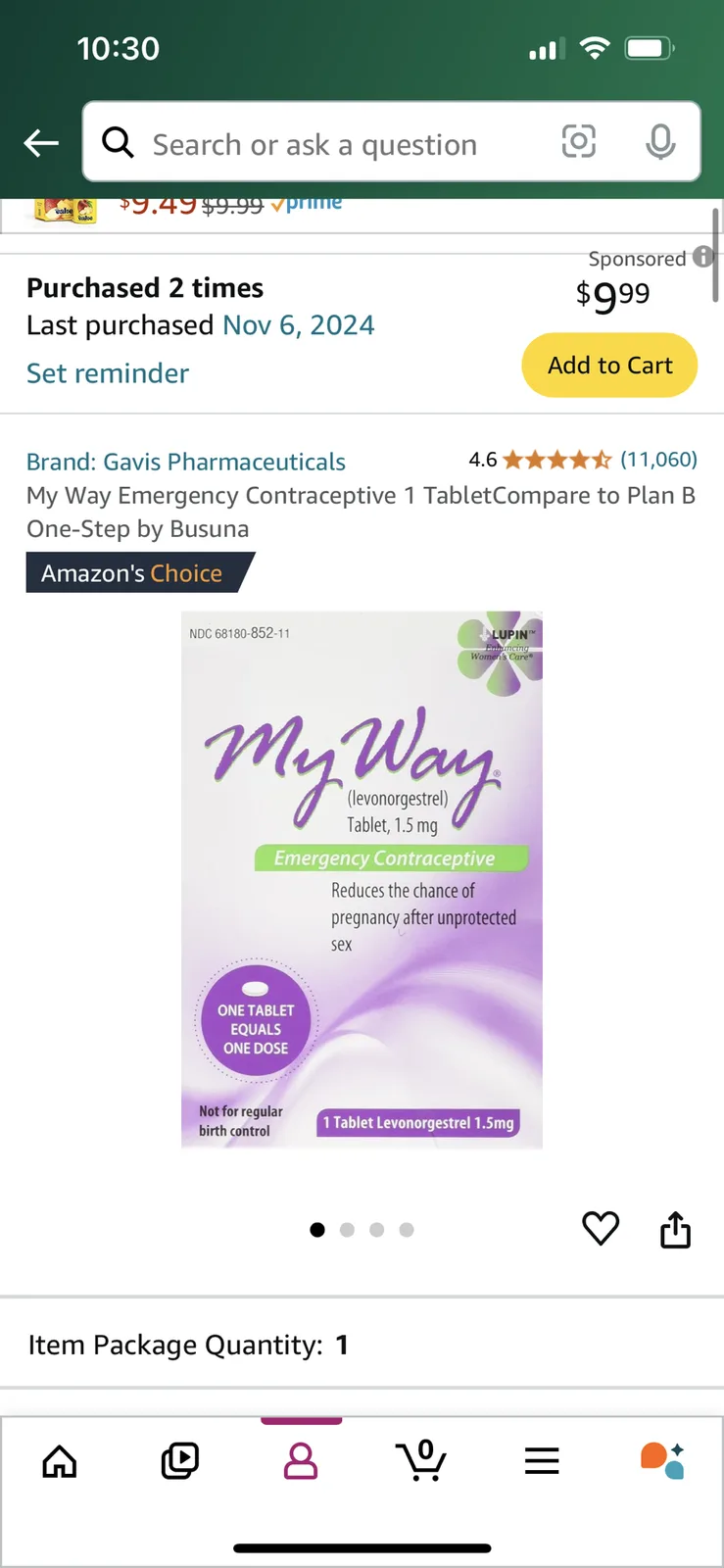 An Amazon product page for 'My Way Emergency Contraceptive 1 Tablet' by Gavis Pharmaceuticals, showing a price of $9.99, a…