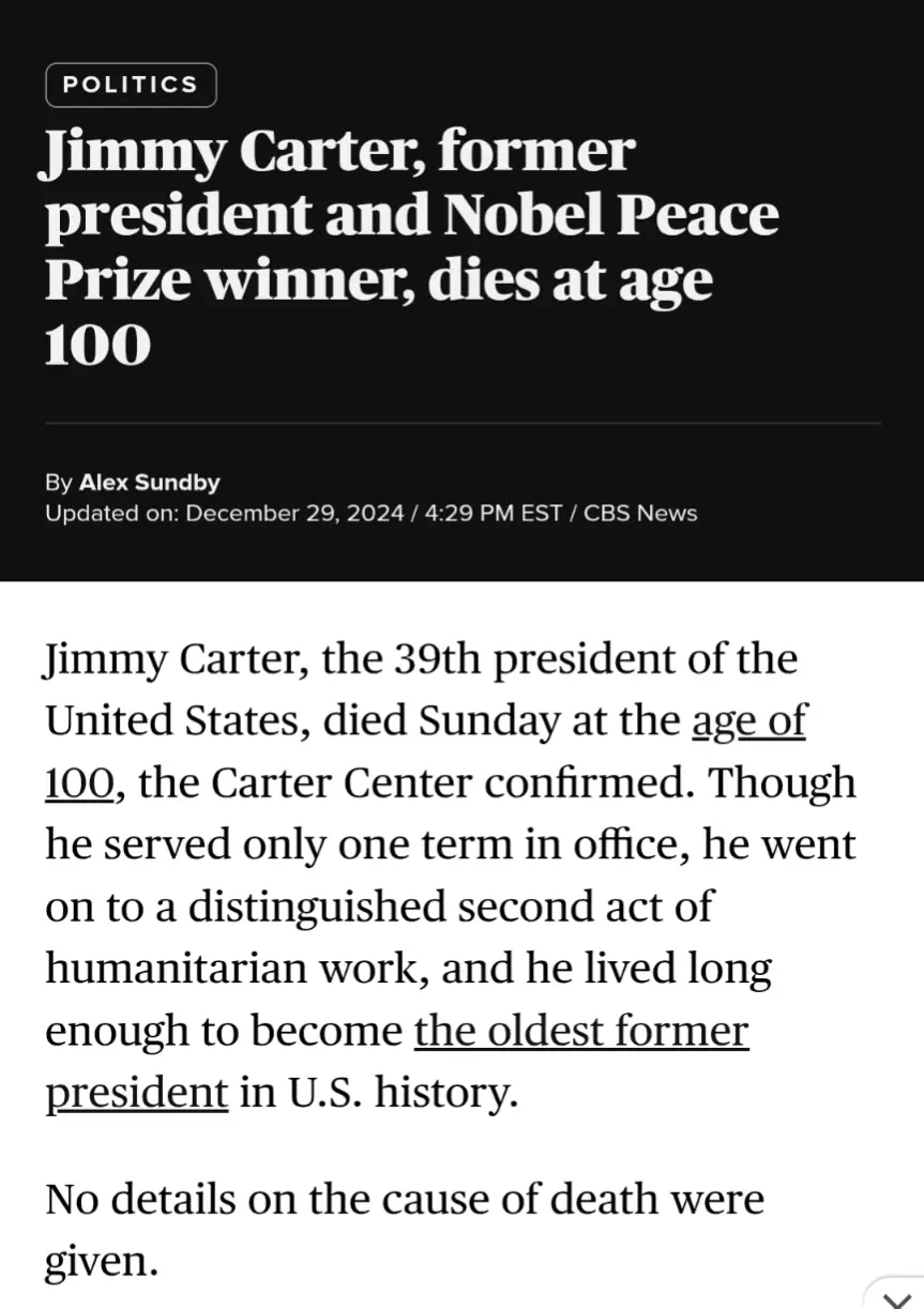 A screenshot of a CBS News article about Jimmy Carter's death at age 100, with the headline and first paragraph visible. The…