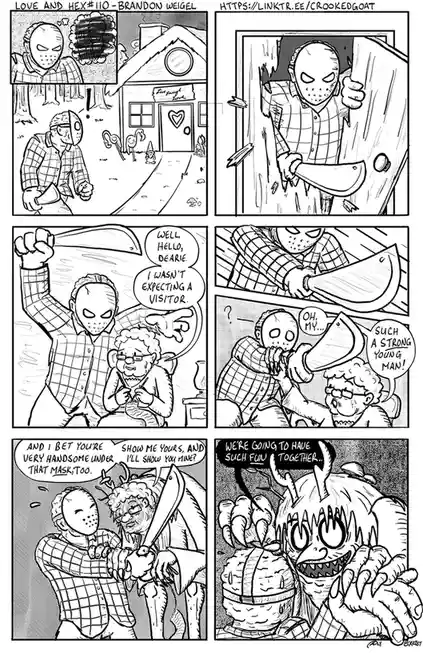 A black-and-white comic strip shows a masked Jason Voorhees character breaking into a house, greeting an elderly woman with…