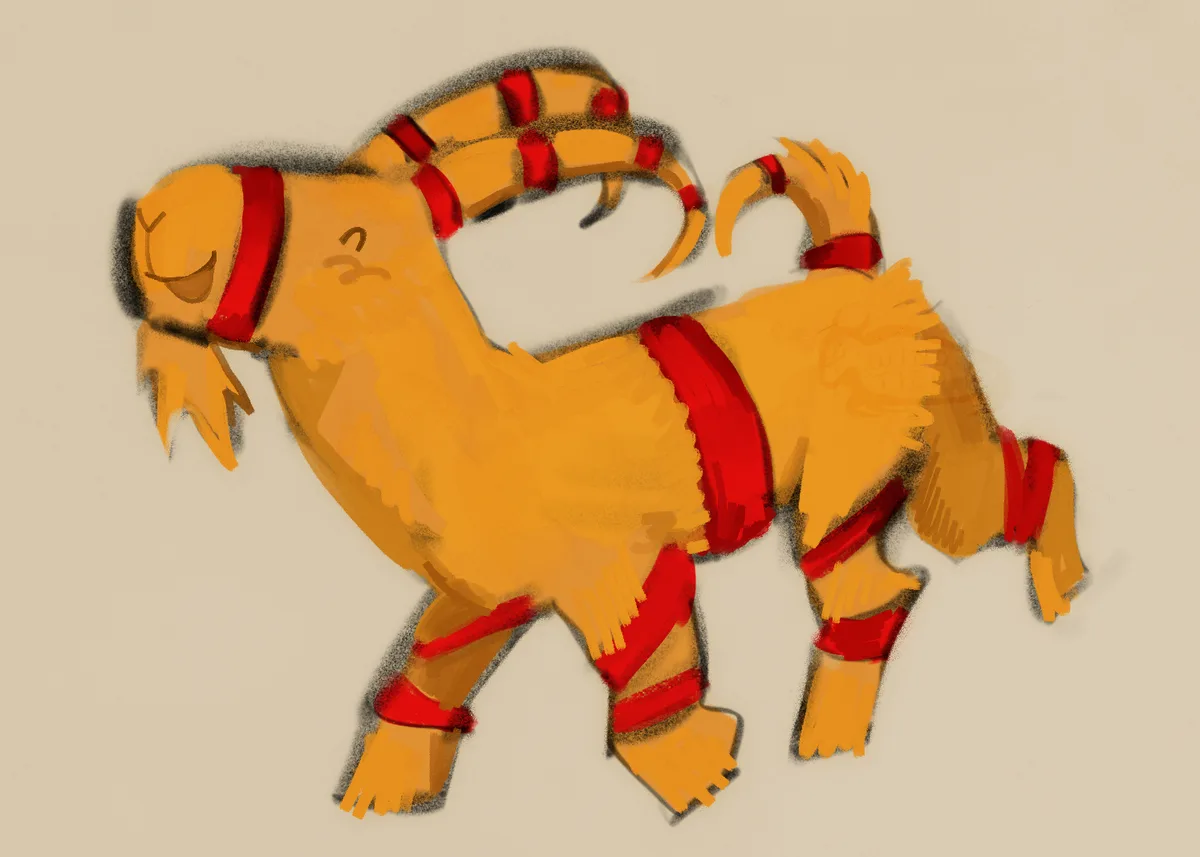 A stylized, cartoonish yellow goat with red bands wrapped around its horns, neck, torso, legs, and tail, standing in a…