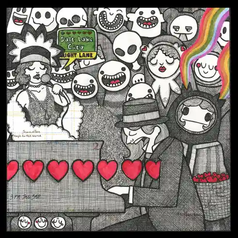 A dense, black-and-white ink drawing features a chaotic crowd of cartoonish faces, including skulls, smiling ghosts, and a…