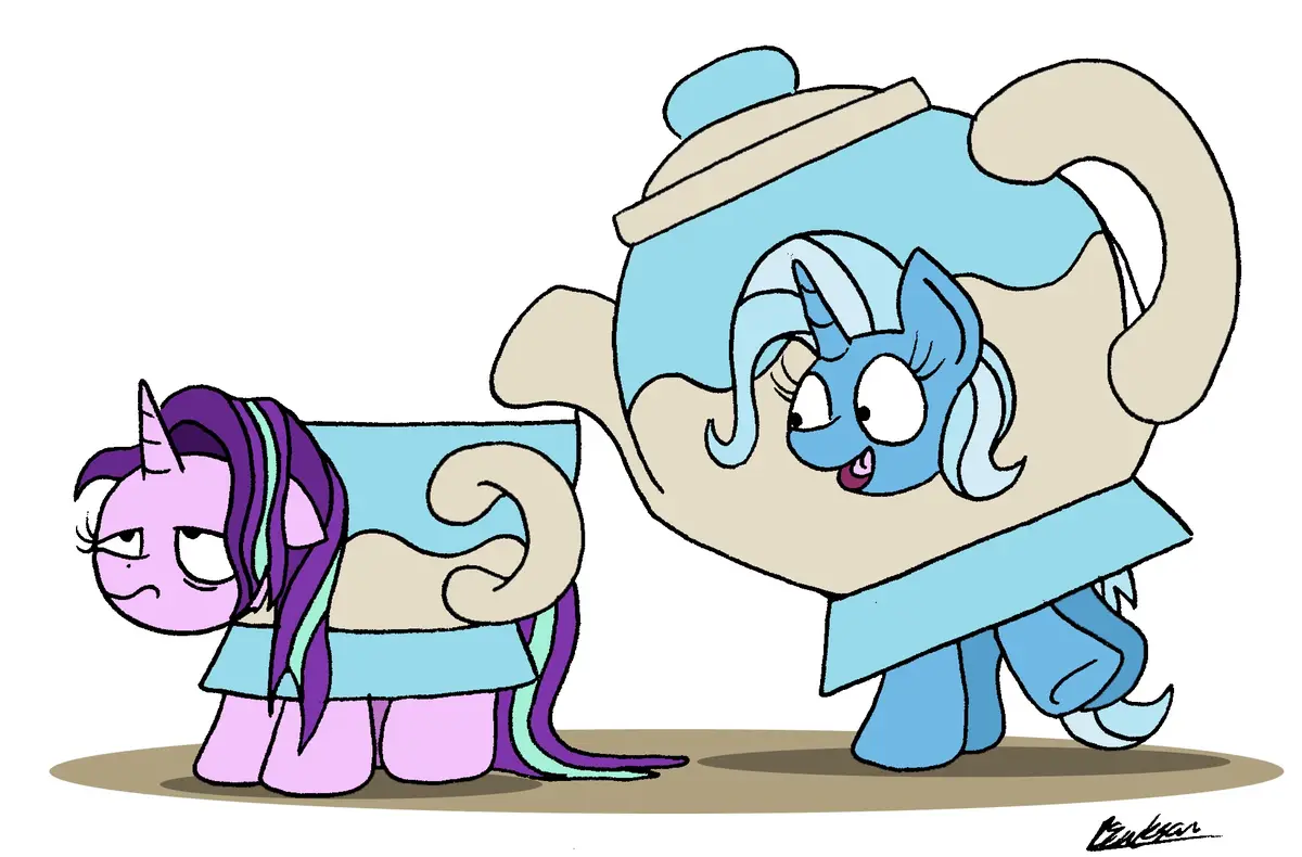 Two cartoon ponies are depicted, one small and purple with a grumpy expression, the other large and blue with a cheerful…