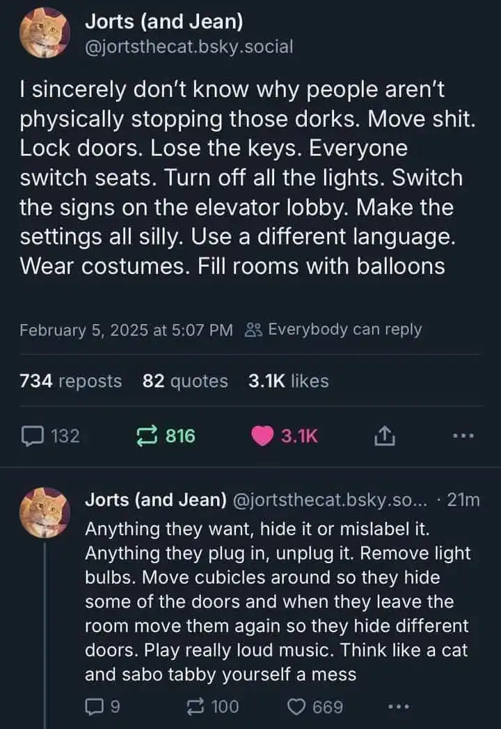 A screenshot of two social media posts from a user named 'Jorts (and Jean)' with a cat profile picture. The first post lists…