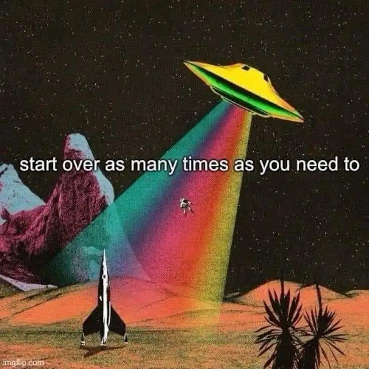 A vintage-style sci-fi illustration shows a yellow UFO with a rainbow beam lifting a small astronaut figure off a…