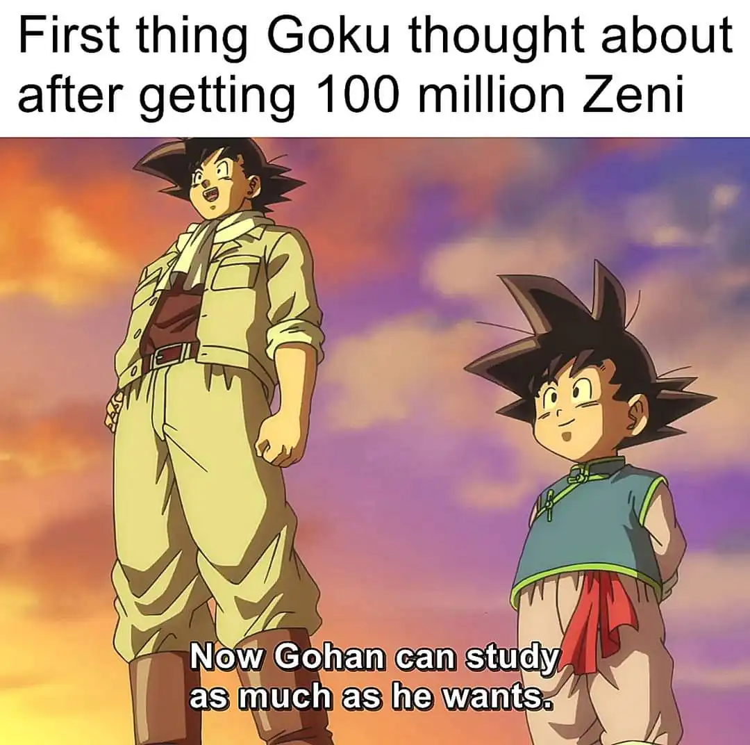 The image shows two anime characters, an adult Goku in a beige outfit and a younger Gohan in a blue vest, standing against a…