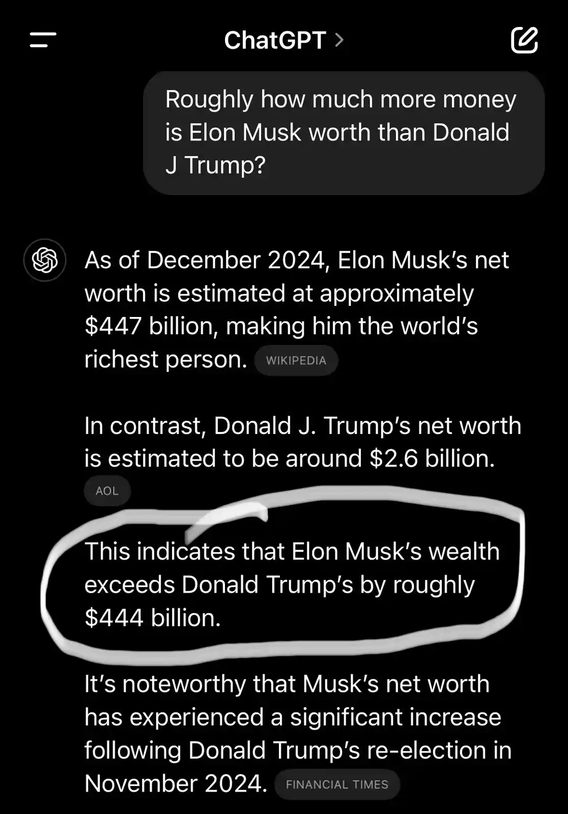 A screenshot of a ChatGPT conversation where a user asks how much more money Elon Musk is worth than Donald J Trump. The AI…