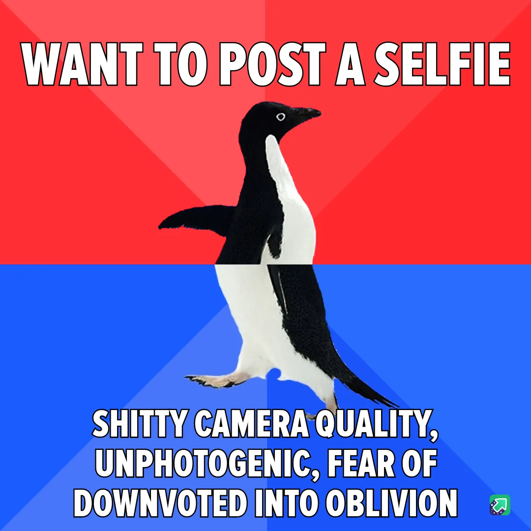 An adélie penguin stands centered against a red and blue background, with bold white text above reading 'WANT TO POST A…