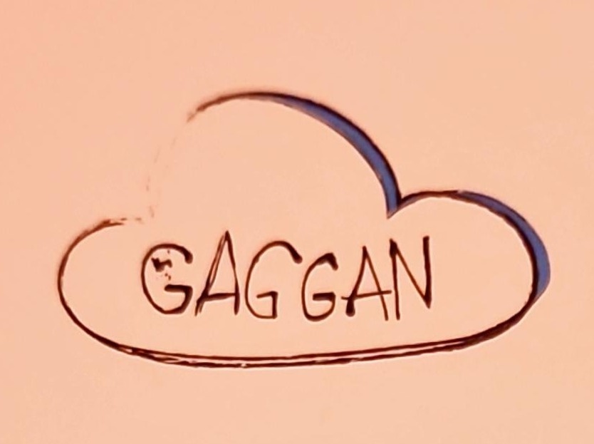 A simple hand-drawn cloud outline in dark brown ink on a peach-colored background, with the word 'GAGGAN' written inside in…