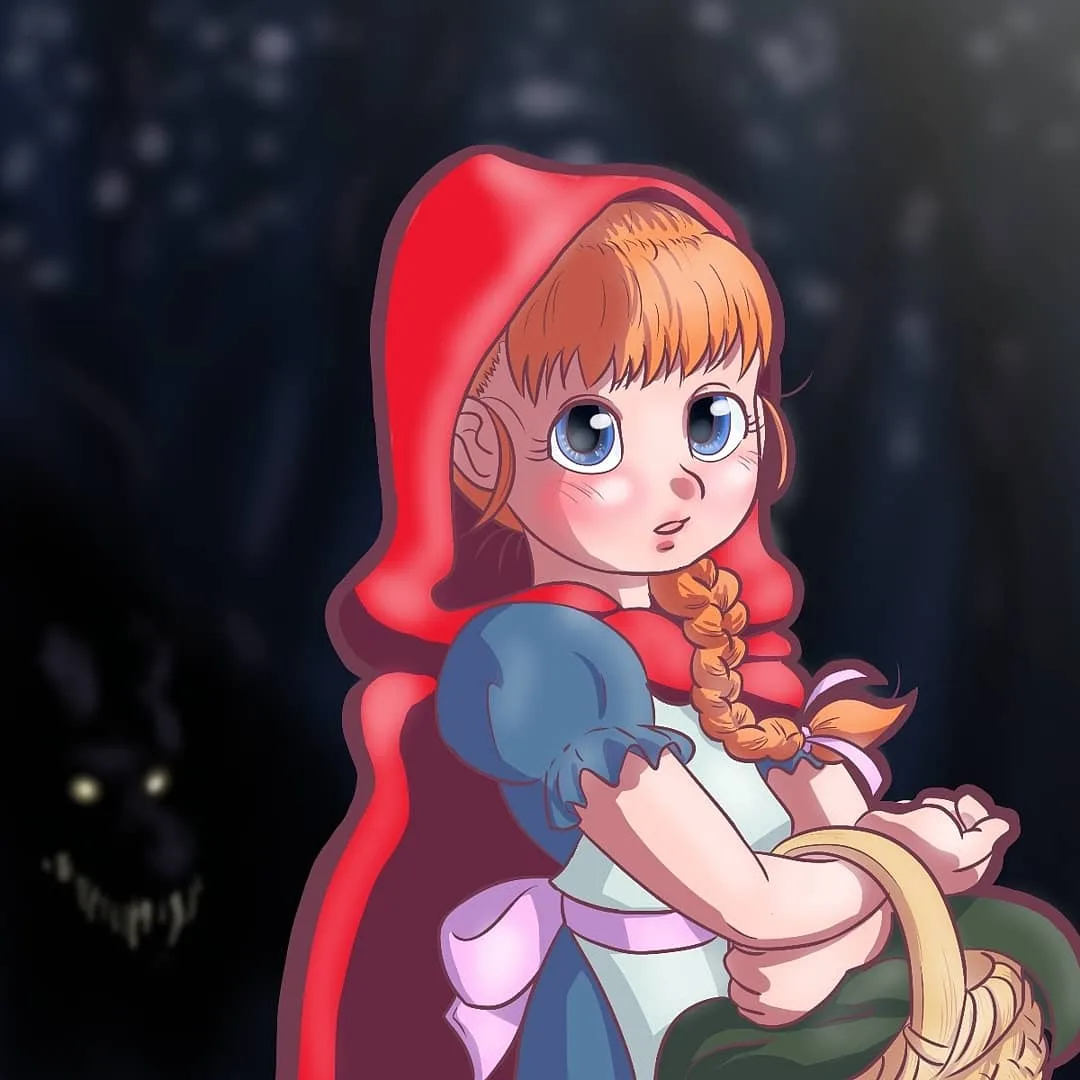 An anime-style illustration of Little Red Riding Hood in her iconic red hood and blue dress, holding a basket, with a dark…