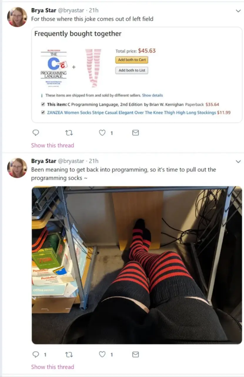 A screenshot of a Twitter thread shows a 'frequently bought together' Amazon suggestion pairing 'The C Programming Language'…