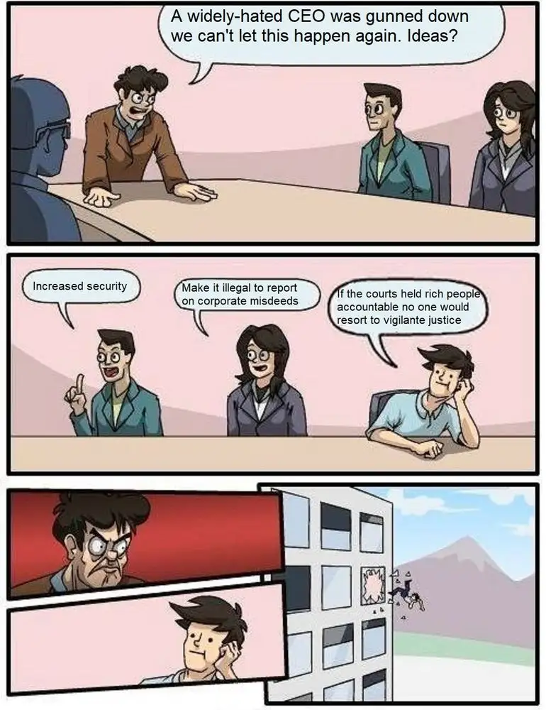 A three-panel comic shows a meeting where a CEO asks for ideas to prevent future assassinations. The first panel shows the…