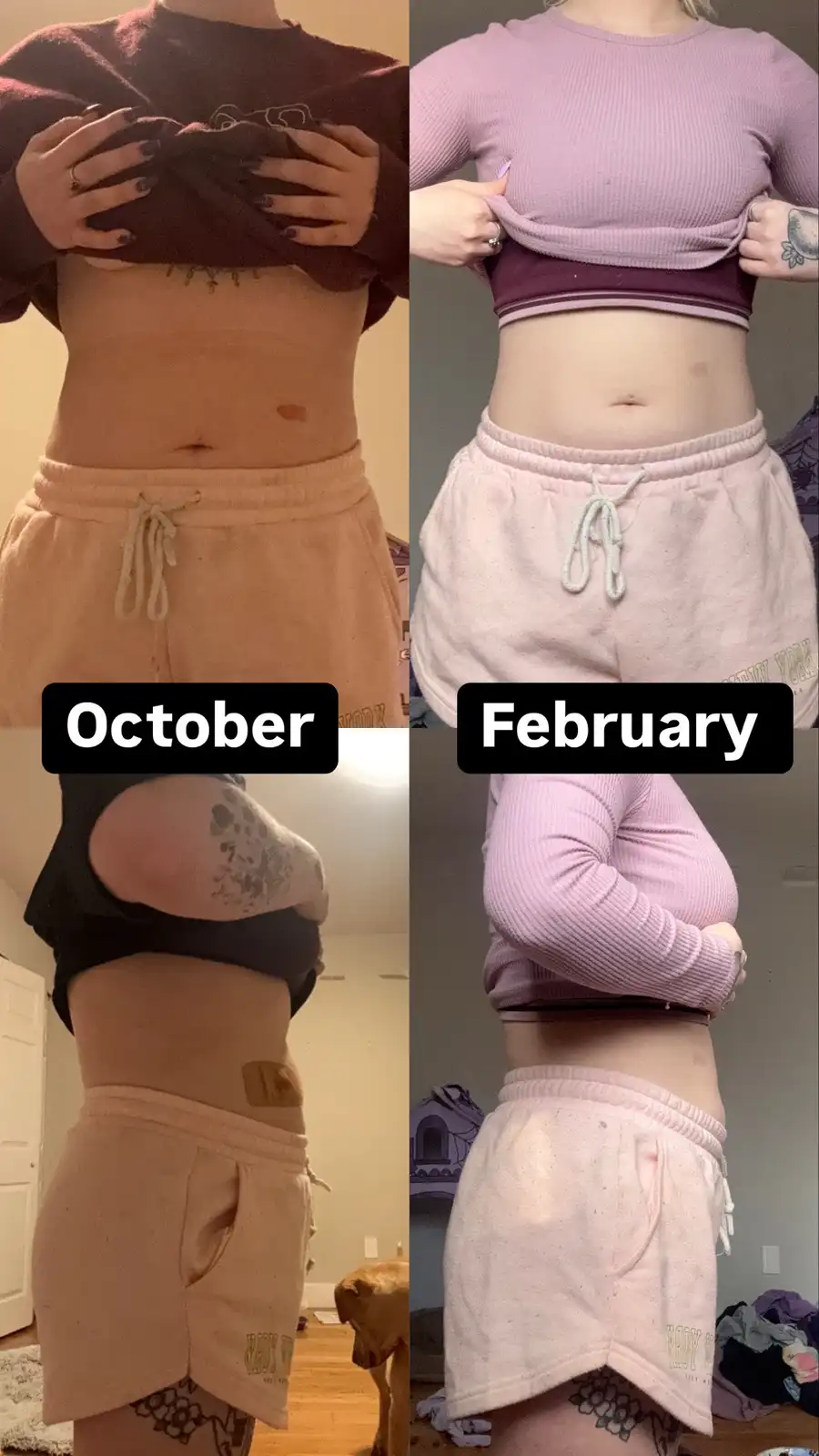 A four-panel image shows a person's torso and side views in October and February, revealing a noticeable reduction in belly…