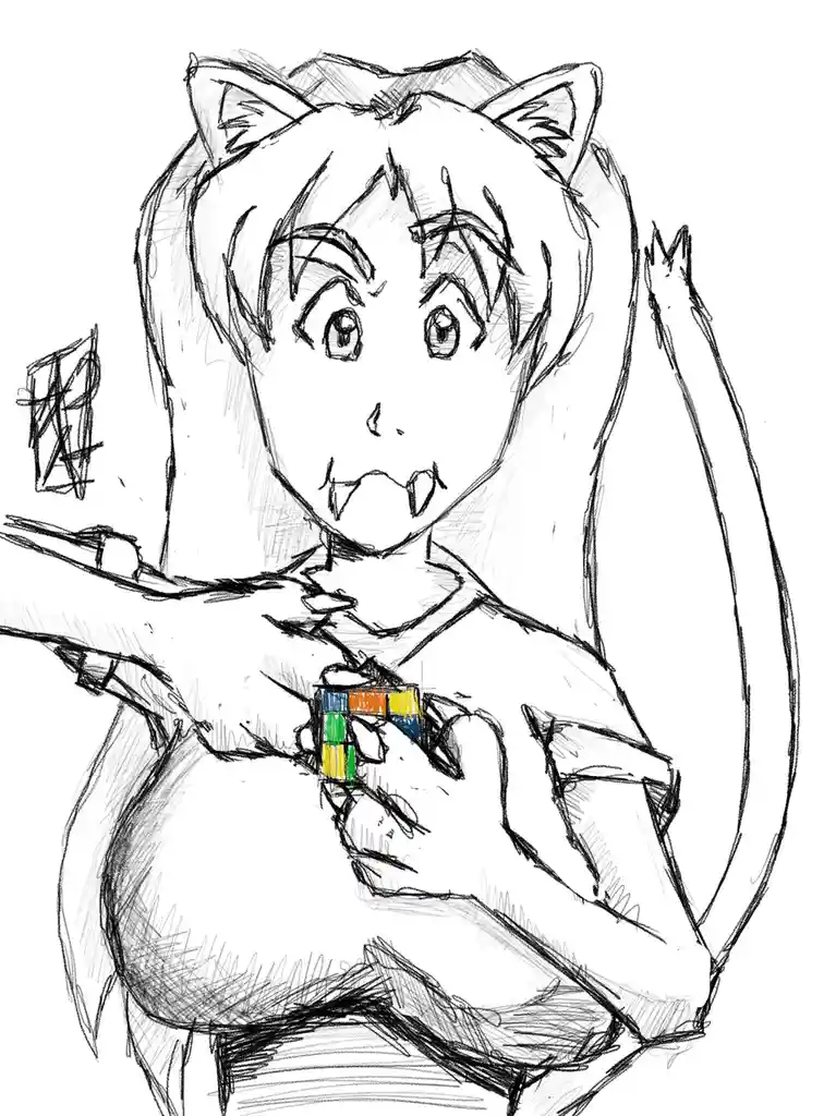 A sketch-style anime girl with cat ears and a tail holds a partially solved Rubik's cube, her expression showing surprise or…