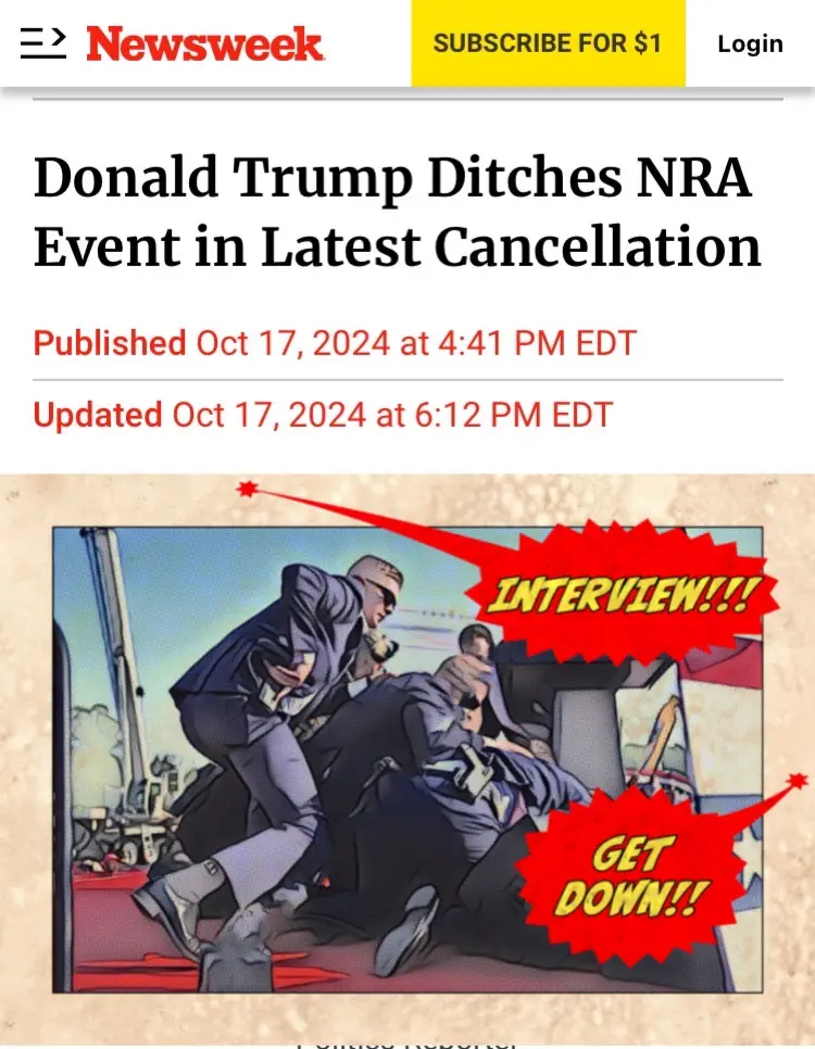 A screenshot of a Newsweek article titled 'Donald Trump Ditches NRA Event in Latest Cancellation' is overlaid with a…