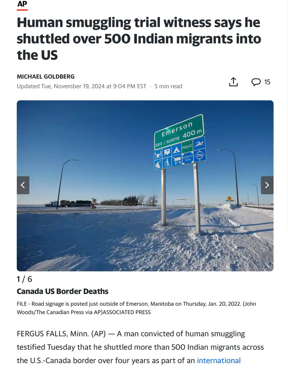 A news article screenshot shows a snowy roadside scene with a green highway sign for 'Emerson 400 m' and a blue sign below…