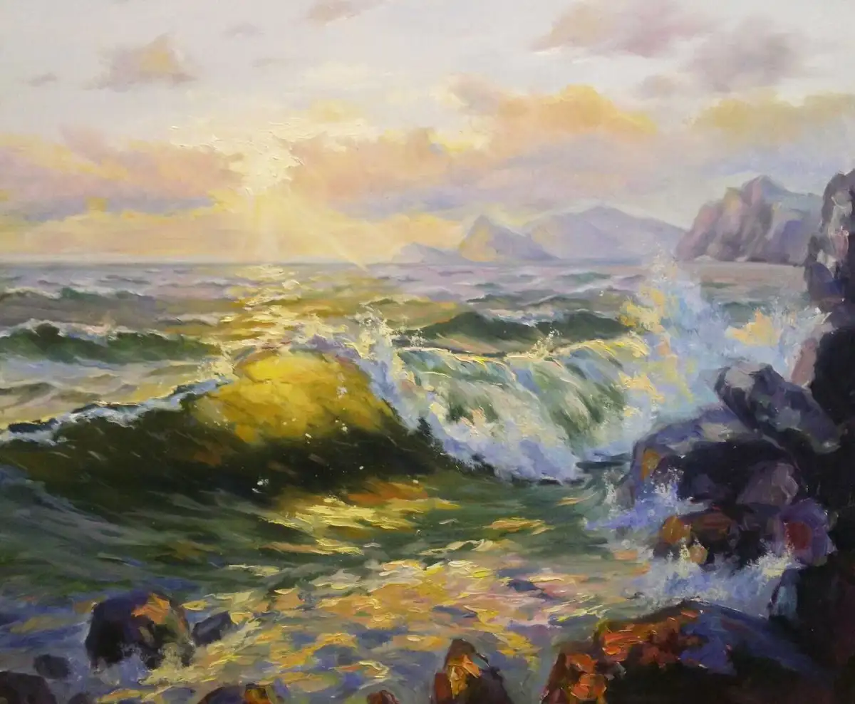 A painting of a dramatic ocean scene with crashing waves against rocks under a colorful sunset sky, overlaid with the text…